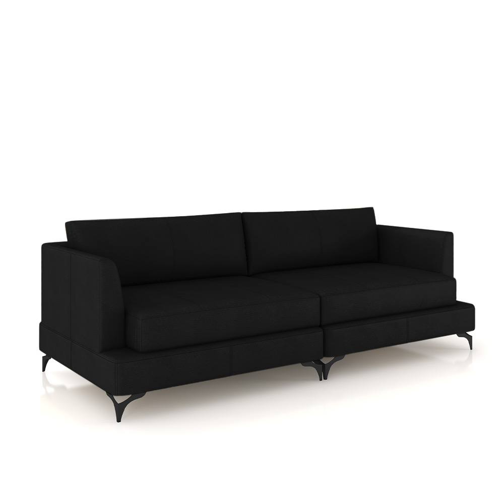 Sofá Living Bipartido 230cm Indonésia Pés de Ferro Couro Preto G52 - Gran Belo