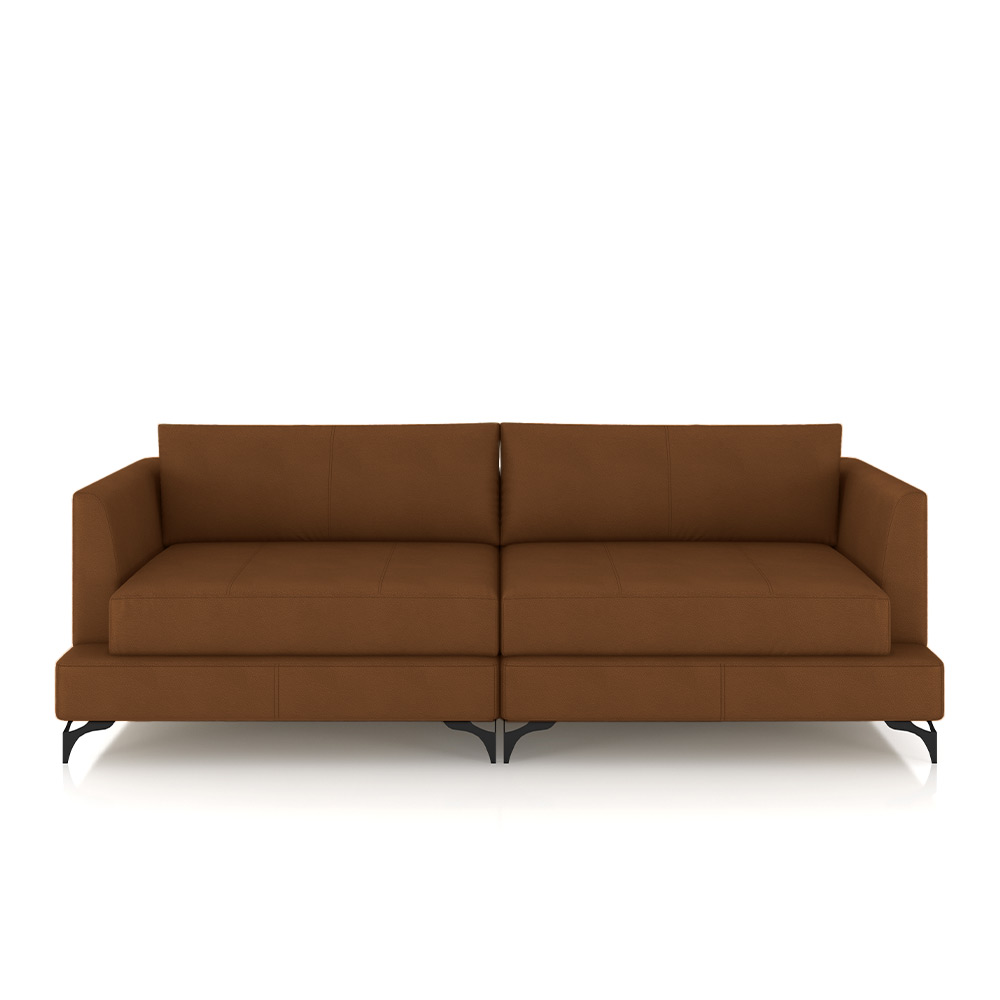 Sofá Living Bipartido 250cm Indonésia Pés de Ferro Couro Caramelo G52 - Gran Belo