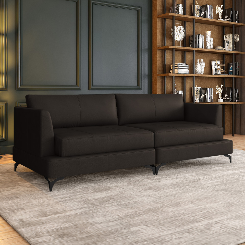 Sofá Living Bipartido 250cm Indonésia Pés de Ferro Couro Marrom G52 - Gran Belo