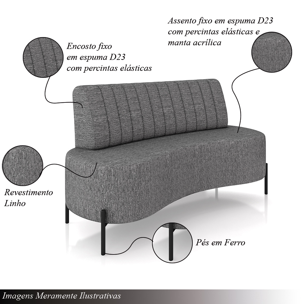 Sofá Living Decorativo 2 Lugares 1,35M Katara Pés de Ferro Linho Grafite G33 - Gran Belo