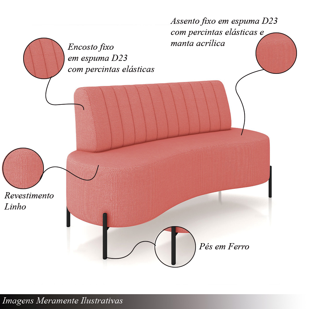 Sofá Living Decorativo 2 Lugares 1,35M Katara Pés de Ferro Linho Rústico Salmão G33 - Gran Belo