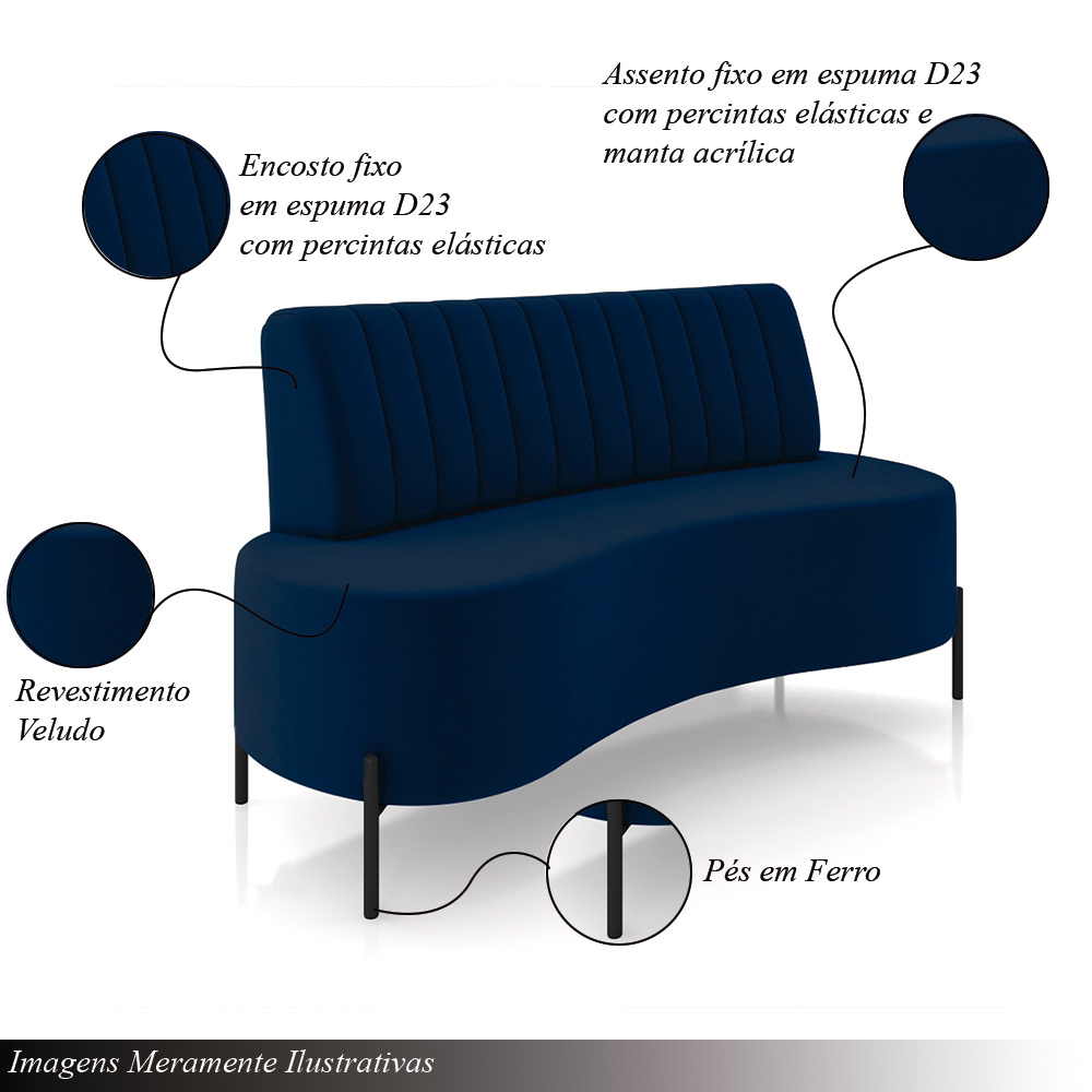 Sofá Living Decorativo 2 Lugares 1,35M Katara Pés de Ferro Veludo Azul G33 - Gran Belo