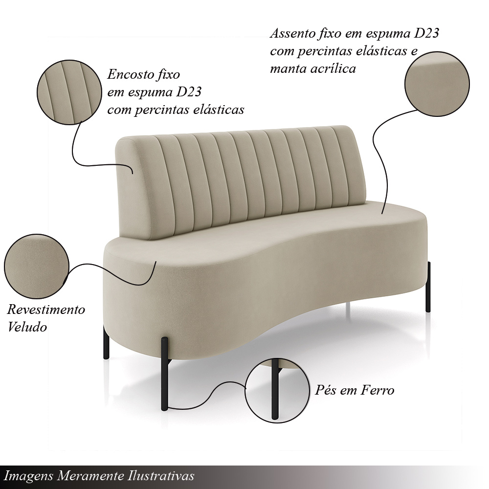 Sofá Living Decorativo 2 Lugares 1,35M Katara Pés de Ferro Veludo Bege G33 - Gran Belo