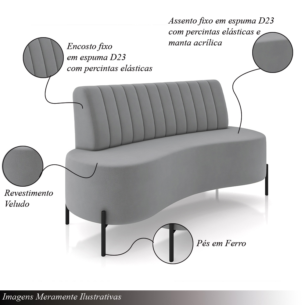 Sofá Living Decorativo 2 Lugares 1,35M Katara Pés de Ferro Veludo Cinza G33 - Gran Belo
