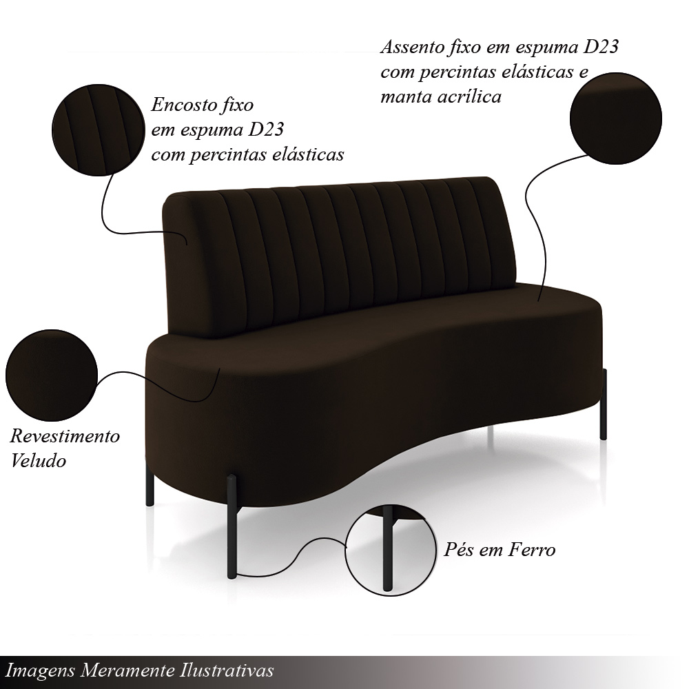 Sofá Living Decorativo 2 Lugares 1,35M Katara Pés de Ferro Veludo Marrom G33 - Gran Belo