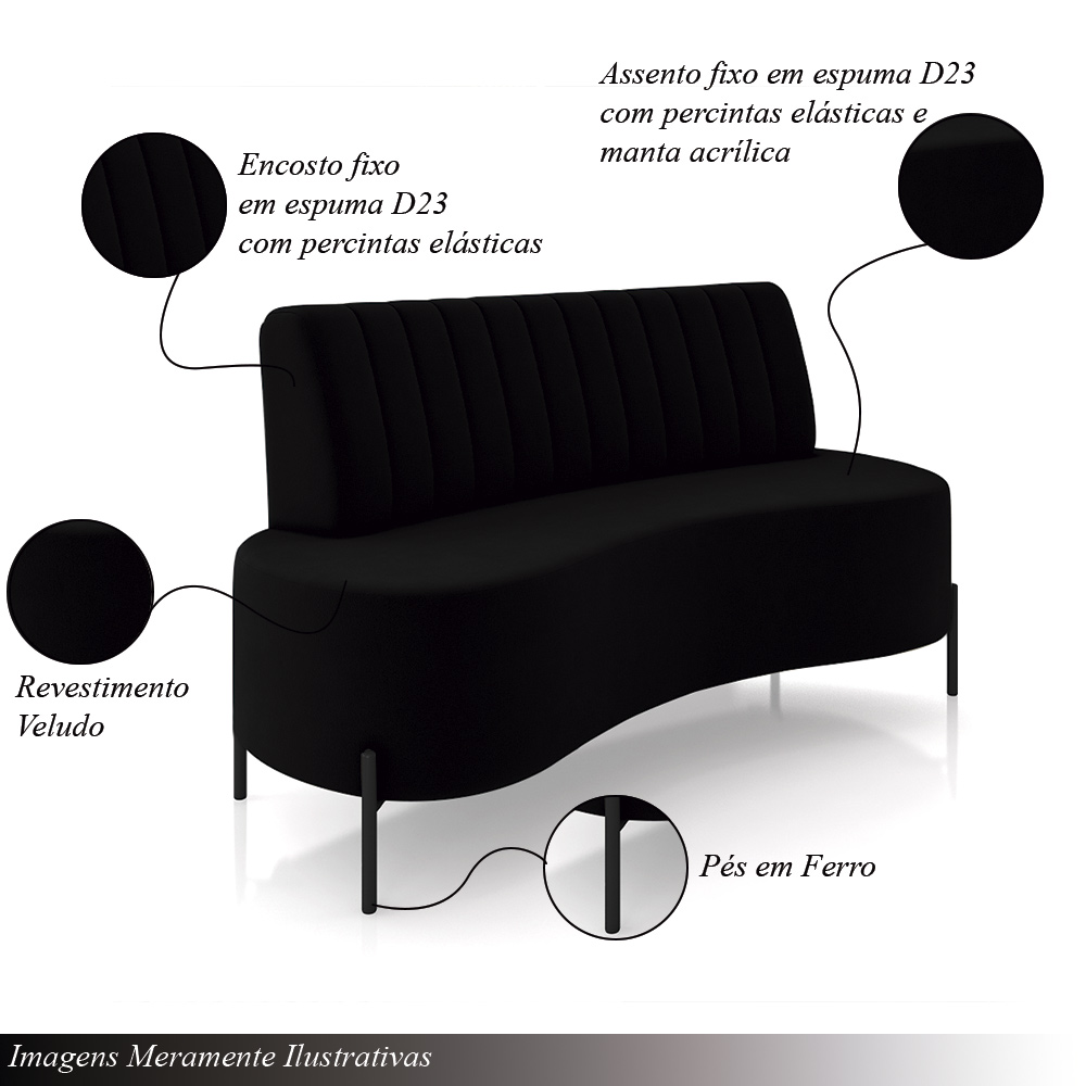 Sofá Living Decorativo 2 Lugares 1,35M Katara Pés de Ferro Veludo Preto G33 - Gran Belo