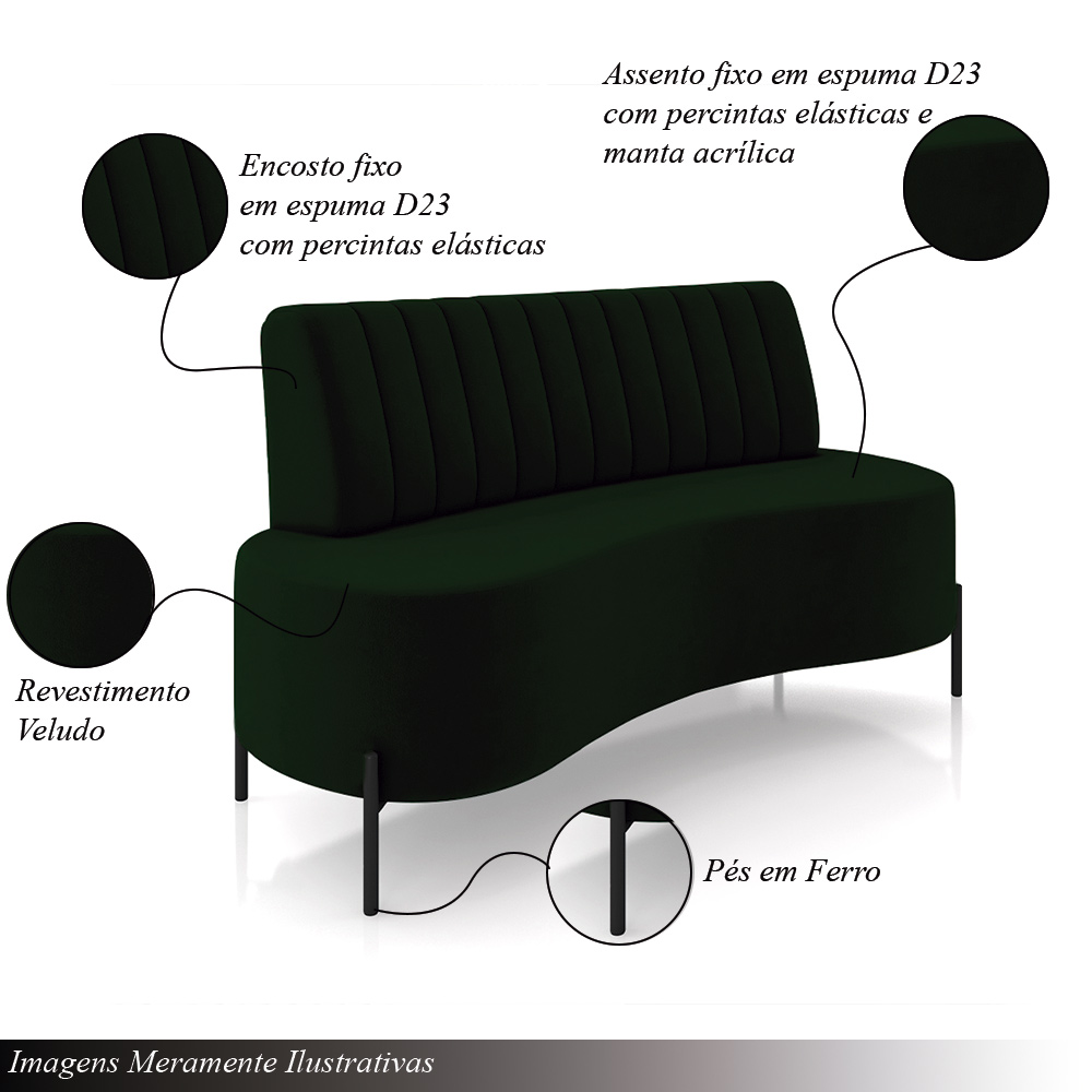 Sofá Living Decorativo 2 Lugares 1,35M Katara Pés de Ferro Veludo Verde G33 - Gran Belo