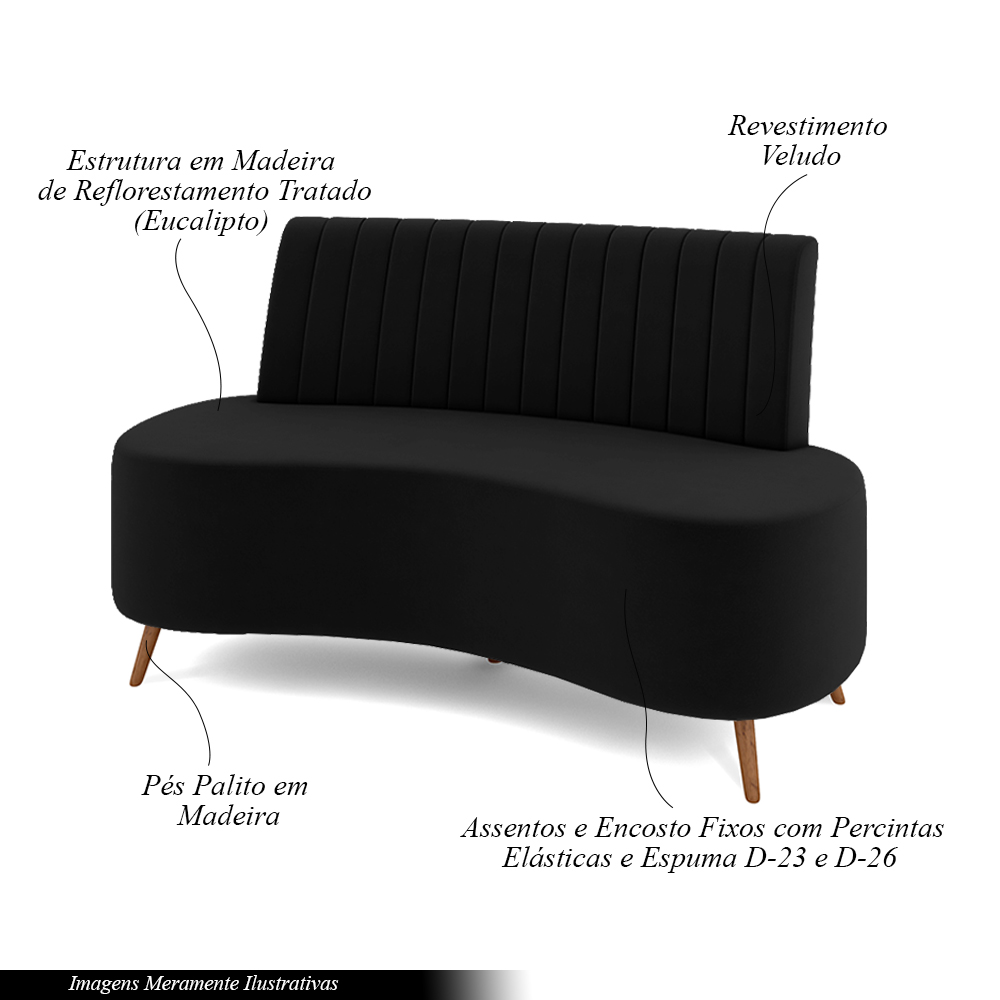 Sofá Living Decorativo 2 Lugares 1,35M Katara Preto Veludo G33 - Gran Belo