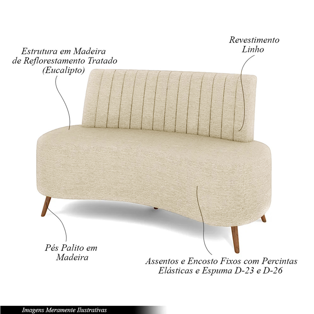 Sofá Living Decorativo 2 Lugares 1,60M Katara Bege Linho G33 - Gran Belo