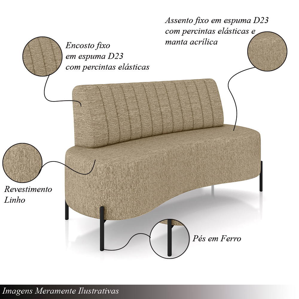 Sofá Living Decorativo 2 Lugares 1,60M Katara Pés de Ferro Linho Bege G33 - Gran Belo