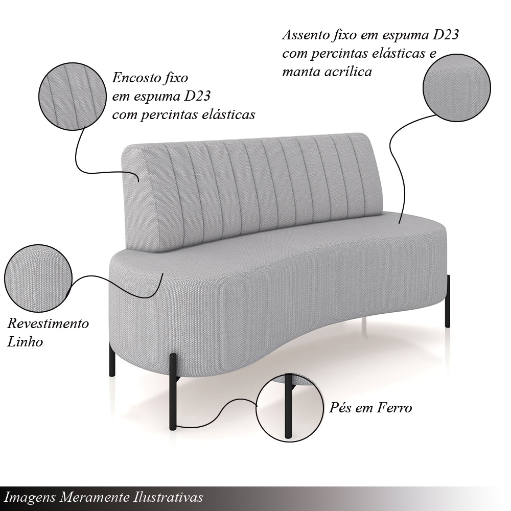 Sofá Living Decorativo 2 Lugares 1,60M Katara Pés de Ferro Linho Rústico Cinza G33 - Gran Belo
