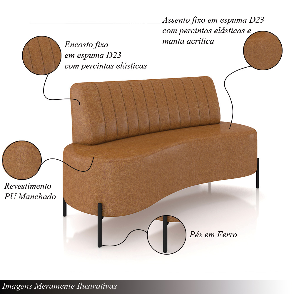 Sofá Living Decorativo 2 Lugares 1,60M Katara Pés de Ferro PU Caramelo G33 - Gran Belo