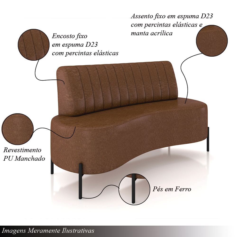 Sofá Living Decorativo 2 Lugares 1,60M Katara Pés de Ferro PU Marrom G33 - Gran Belo