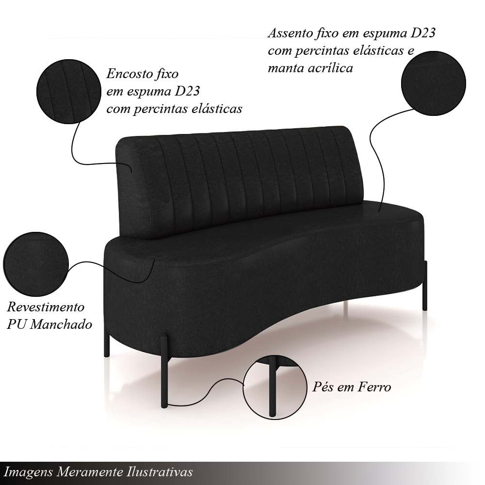 Sofá Living Decorativo 2 Lugares 1,60M Katara Pés de Ferro PU Preto G33 - Gran Belo