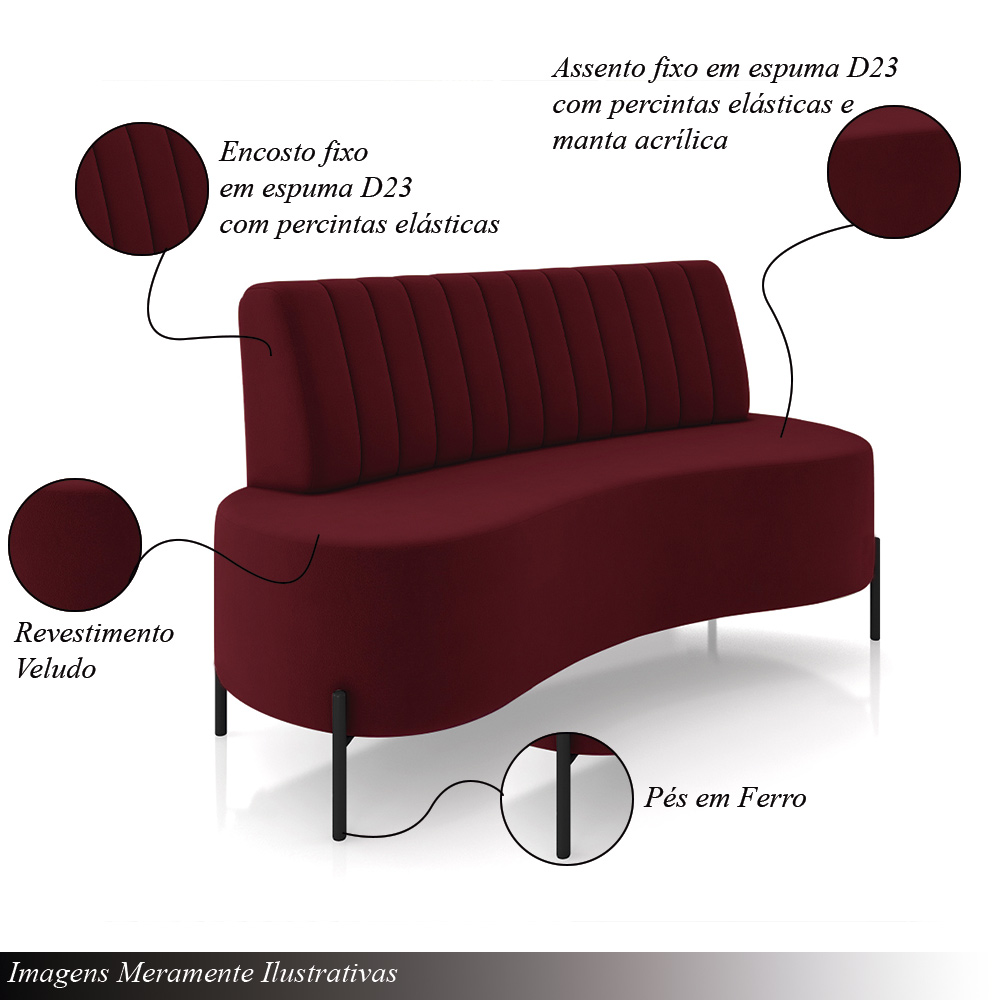 Sofá Living Decorativo 2 Lugares 1,60M Katara Pés de Ferro Veludo Bordô G33 - Gran Belo