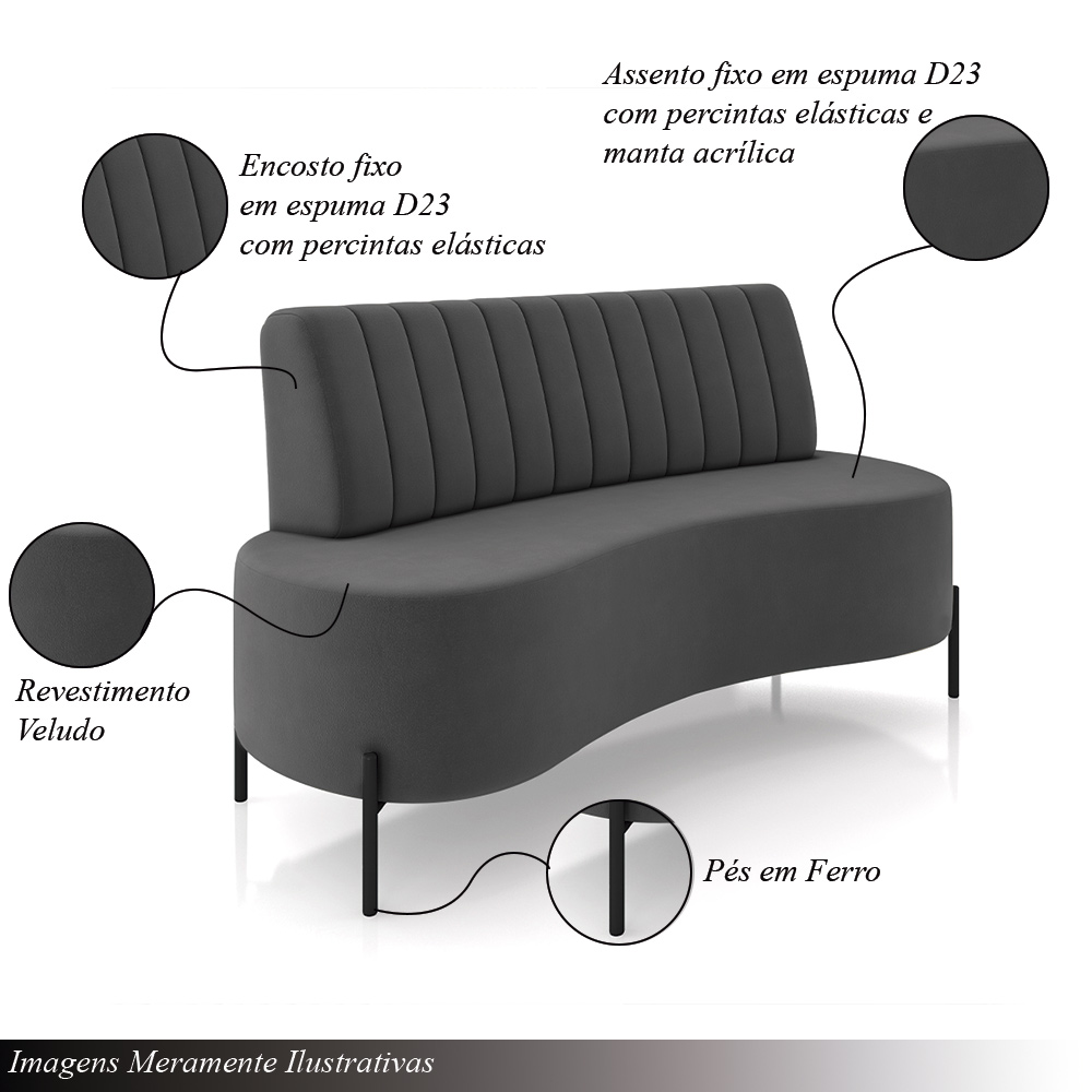 Sofá Living Decorativo 2 Lugares 1,60M Katara Pés de Ferro Veludo Grafite G33 - Gran Belo