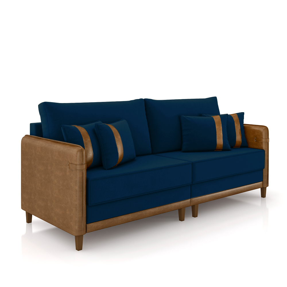 Sofá Living Montecarlo 2 Lugares Bipartido 172cm Pés em Madeira Veludo/PU Azul/Caramelo G33 - Gran Belo