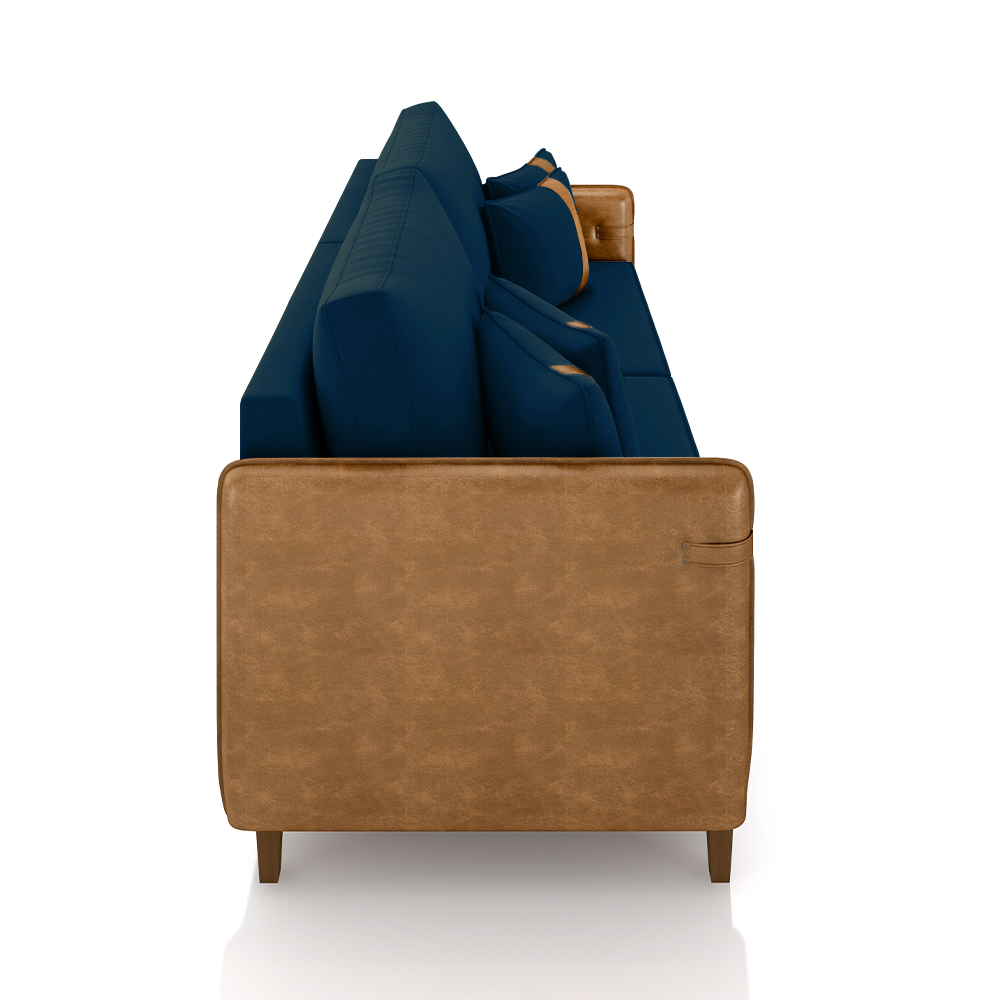 Sofá Living Montecarlo 2 Lugares Bipartido 172cm Pés em Madeira Veludo/PU Azul/Caramelo G33 - Gran Belo