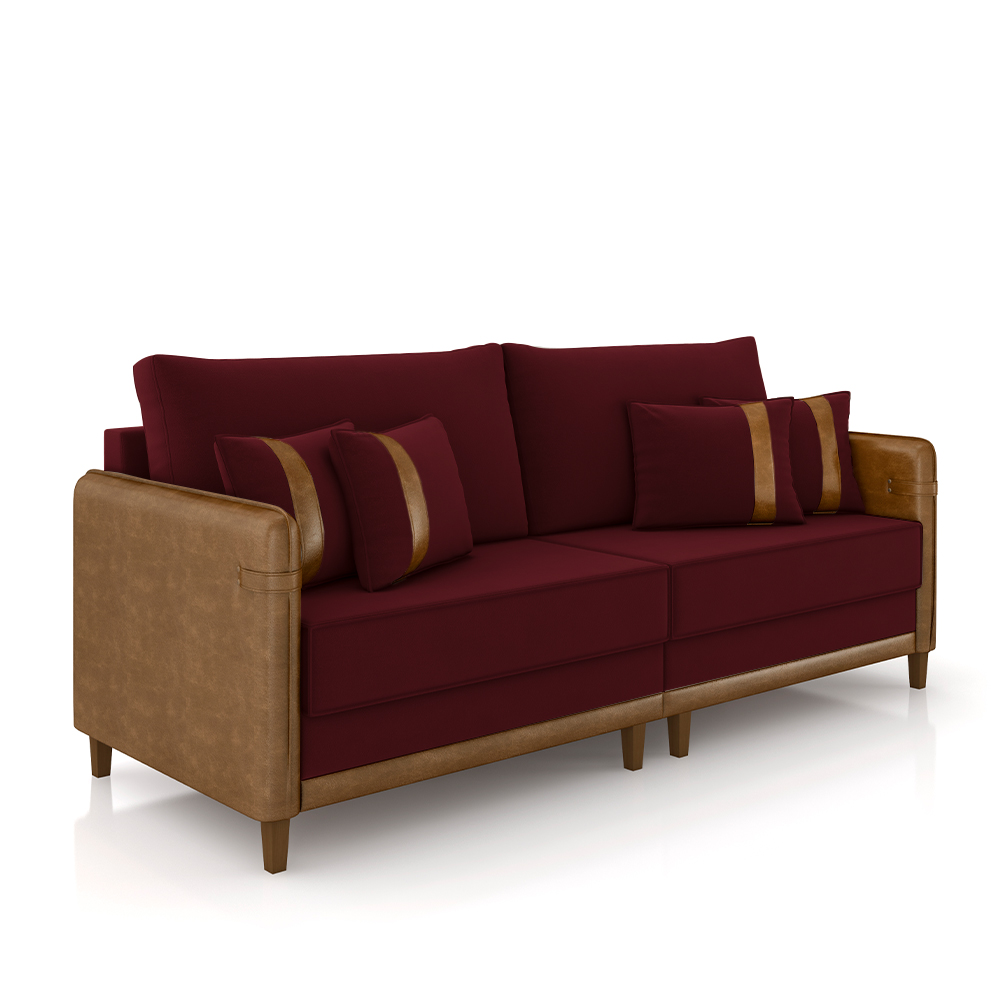 Sofá Living Montecarlo 2 Lugares Bipartido 172cm Pés em Madeira Veludo/PU Bordô/Caramelo G33 - Gran Belo