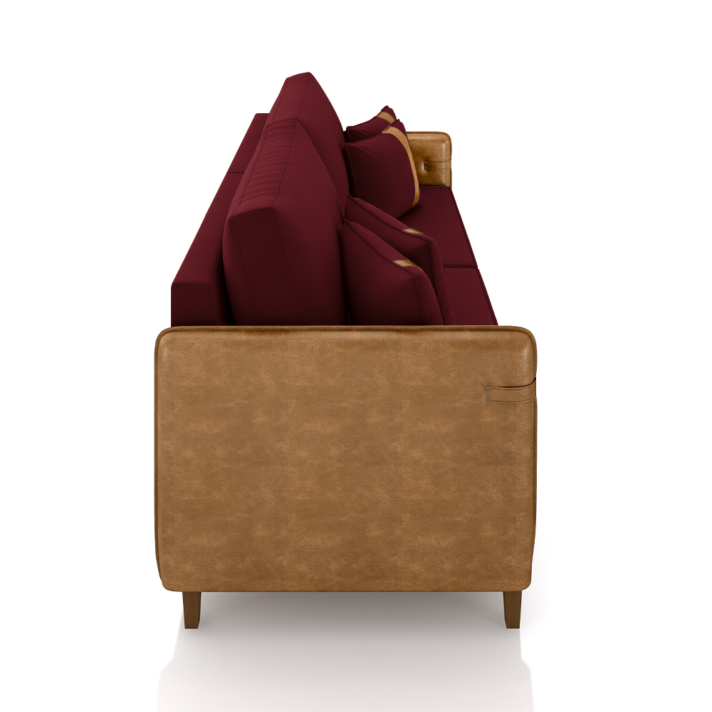 Sofá Living Montecarlo 2 Lugares Bipartido 172cm Pés em Madeira Veludo/PU Bordô/Caramelo G33 - Gran Belo