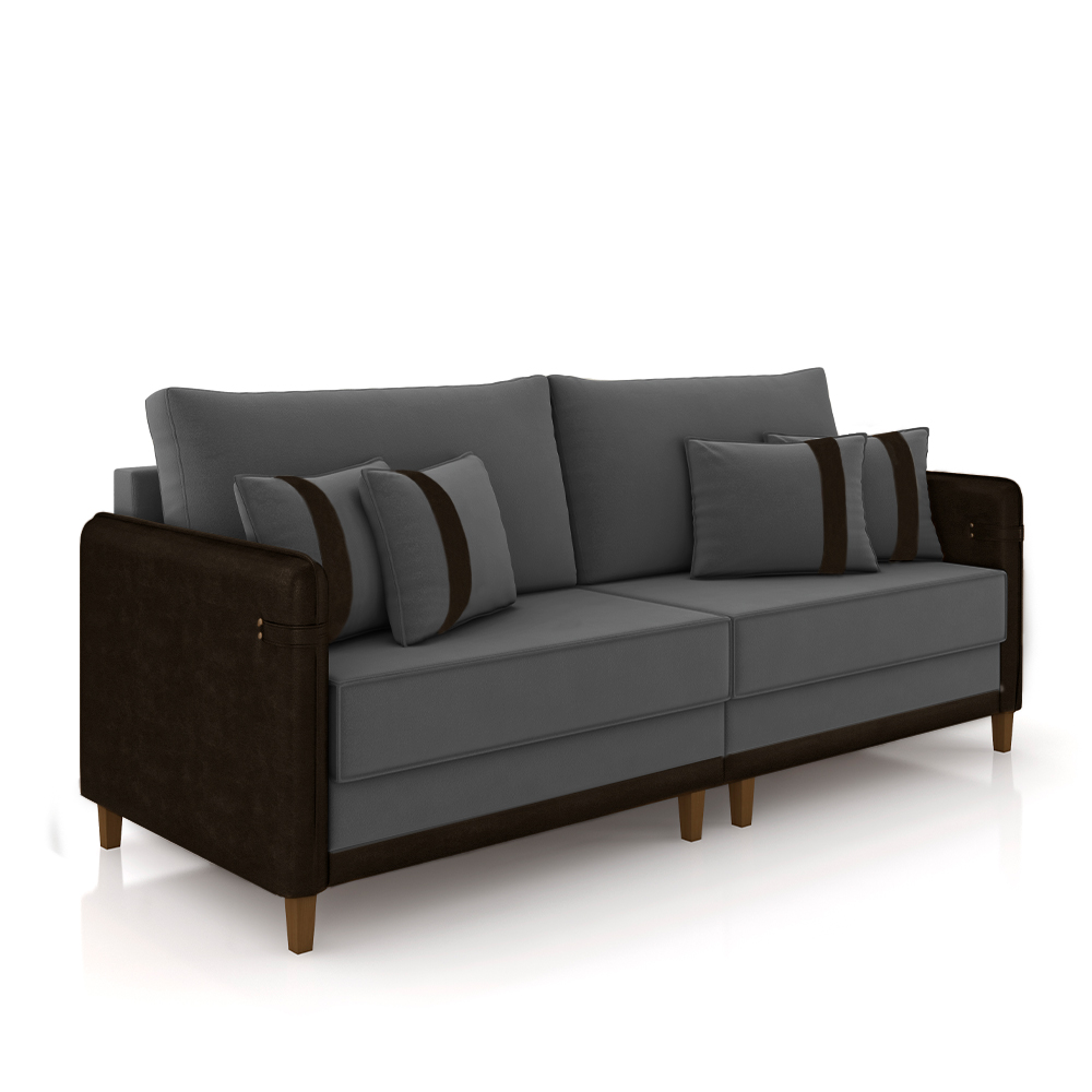 Sofá Living Montecarlo 2 Lugares Bipartido 172cm Pés em Madeira Veludo/PU Grafite/Marrom G33 - Gran Belo