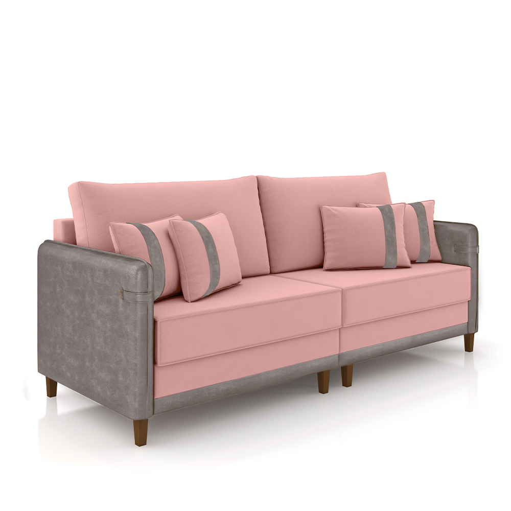 Sofá Living Montecarlo 2 Lugares Bipartido 172cm Pés em Madeira Veludo/PU Rosê/CinzaG33 - Gran Belo