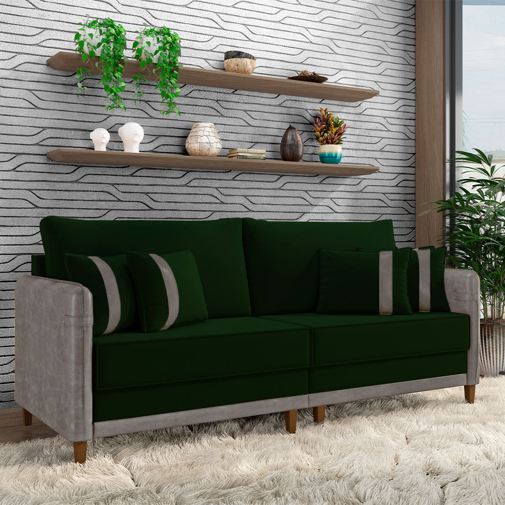 Sofá Living Montecarlo 2 Lugares Bipartido 172cm Pés em Madeira Veludo/PU Verde/CinzaG33 - Gran Belo