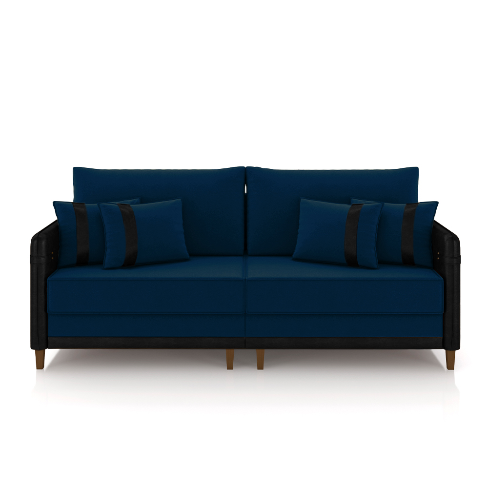 Sofá Living Montecarlo 2 Lugares Bipartido 192cm Pés em Madeira Veludo/PU Azul/Preto G33 - Gran Belo