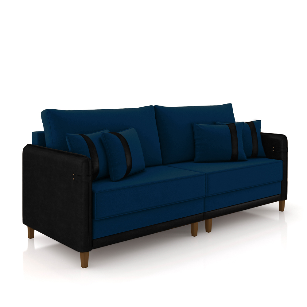 Sofá Living Montecarlo 2 Lugares Bipartido 192cm Pés em Madeira Veludo/PU Azul/Preto G33 - Gran Belo