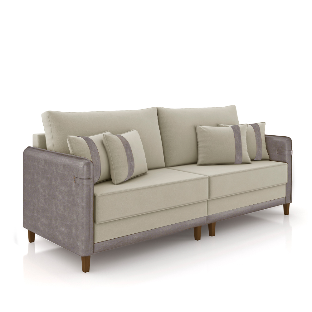 Sofá Living Montecarlo 2 Lugares Bipartido 192cm Pés em Madeira Veludo/PU Bege/Cinza G33 - Gran Belo