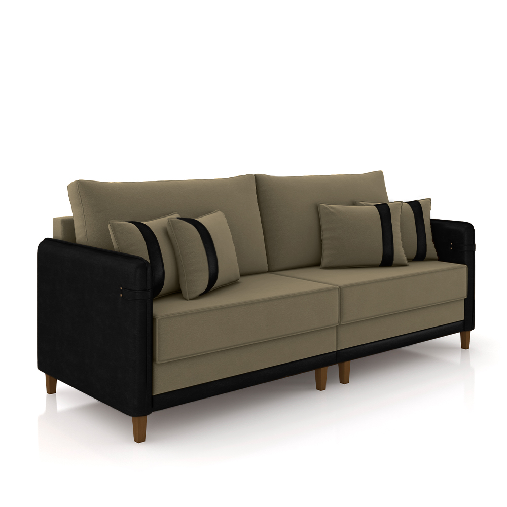 Sofá Living Montecarlo 2 Lugares Bipartido 192cm Pés em Madeira Veludo/PU Castor/Preto G33 - Gran Belo