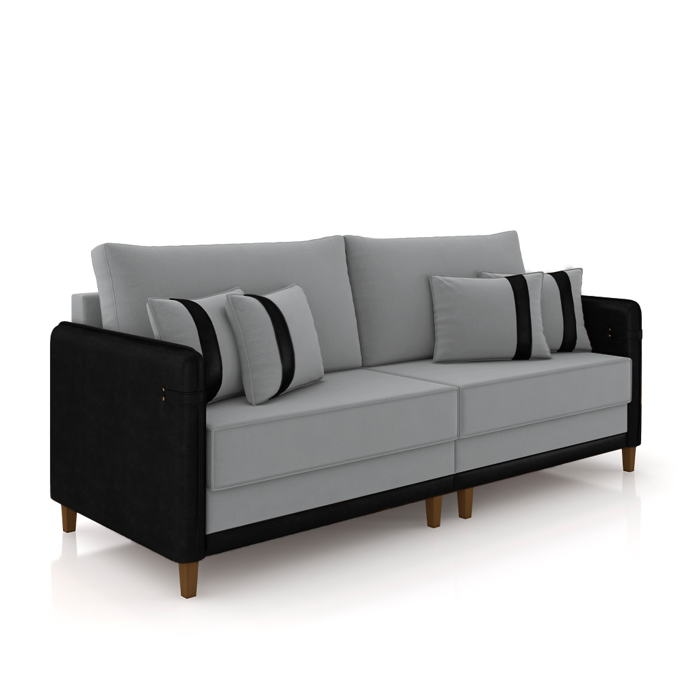 Sofá Living Montecarlo 2 Lugares Bipartido 192cm Pés em Madeira Veludo/PU Cinza/Preto G33 - Gran Belo