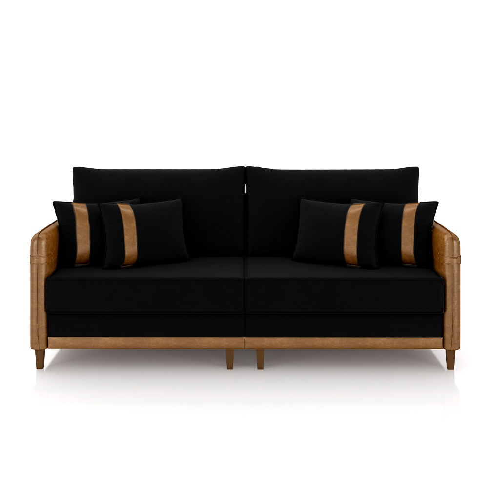 Sofá Living Montecarlo 2 Lugares Bipartido 192cm Pés em Madeira Veludo/PU Preto/Caramelo G33 - Gran Belo
