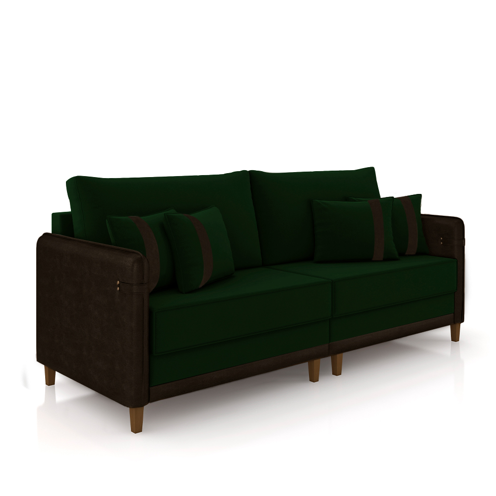 Sofá Living Montecarlo 2 Lugares Bipartido 192cm Pés em Madeira Veludo/PU Verde/Marrom G33 - Gran Belo
