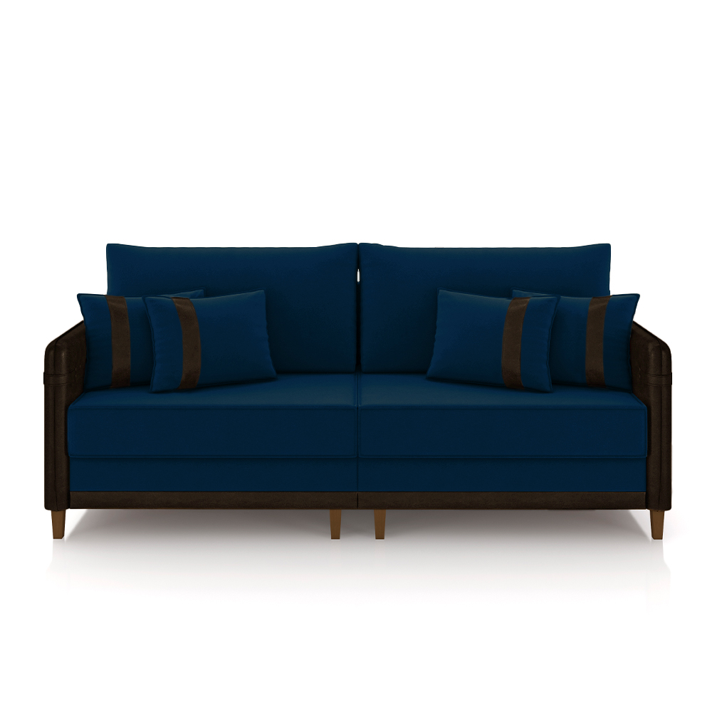 Sofá Living Montecarlo 2 Lugares Bipartido 212cm Pés em Madeira Veludo/PU Azul/Marrom G33 - Gran Belo
