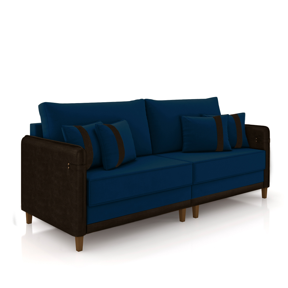 Sofá Living Montecarlo 2 Lugares Bipartido 212cm Pés em Madeira Veludo/PU Azul/Marrom G33 - Gran Belo