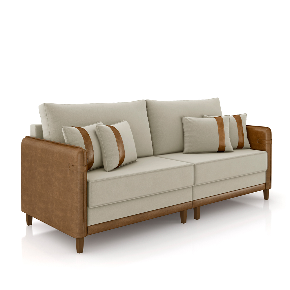 Sofá Living Montecarlo 2 Lugares Bipartido 212cm Pés em Madeira Veludo/PU Bege/Caramelo G33 - Gran Belo