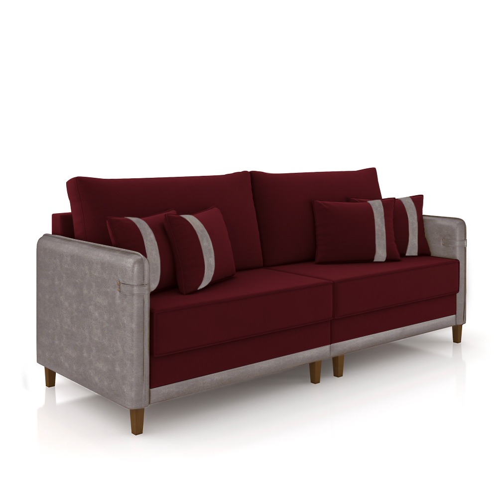 Sofá Living Montecarlo 2 Lugares Bipartido 212cm Pés em Madeira Veludo/PU Bordô/Cinza G33 - Gran Belo