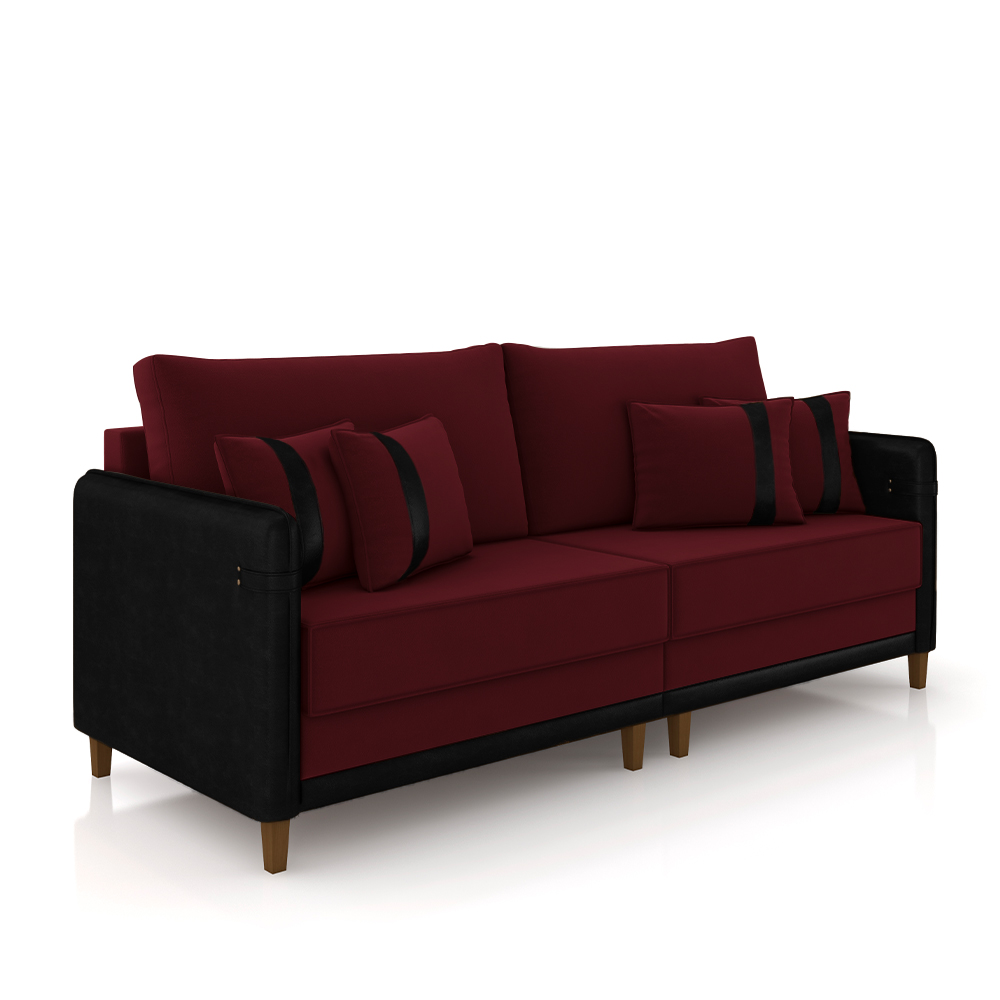 Sofá Living Montecarlo 2 Lugares Bipartido 212cm Pés em Madeira Veludo/PU Bordô/Preto G33 - Gran Belo