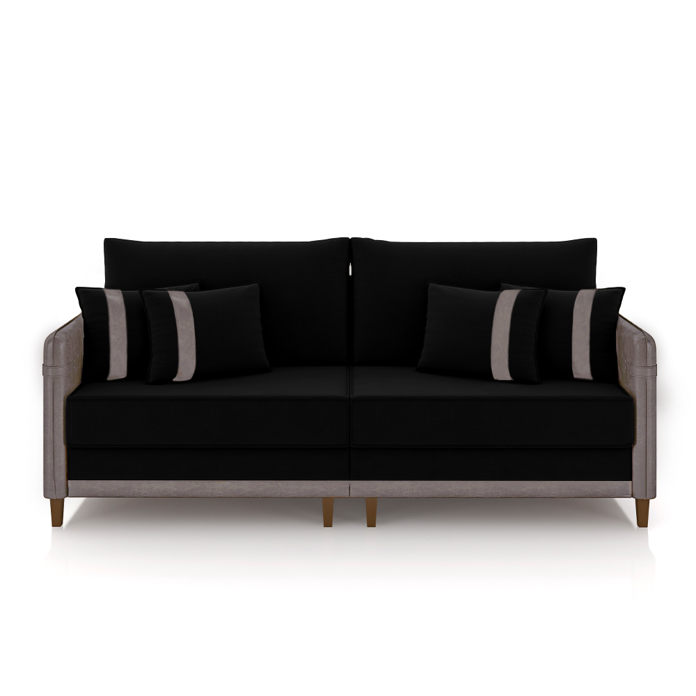 Sofá Living Montecarlo 2 Lugares Bipartido 212cm Pés em Madeira Veludo/PU Preto/CinzaG33 - Gran Belo