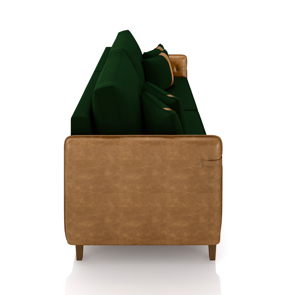 Sofá Living Montecarlo 2 Lugares Bipartido 212cm Pés em Madeira Veludo/PU Verde/Caramelo G33 - Gran Belo
