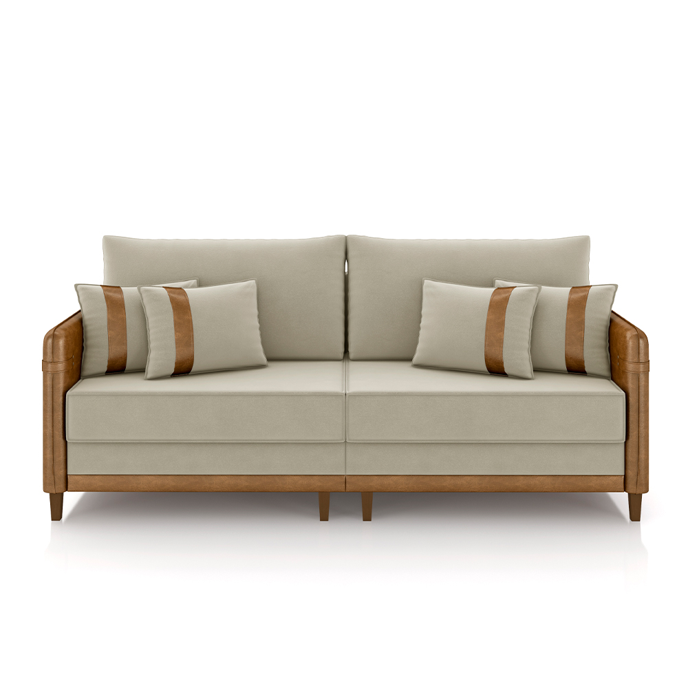 Sofá Living Montecarlo 3 Lugares Bipartido 232cm Pés em Madeira Veludo/PU Bege/Caramelo G33 - Gran Belo