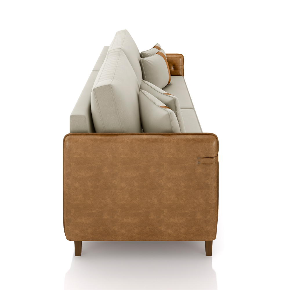 Sofá Living Montecarlo 3 Lugares Bipartido 232cm Pés em Madeira Veludo/PU Bege/Caramelo G33 - Gran Belo