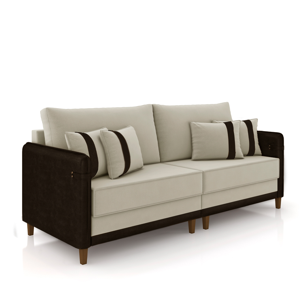 Sofá Living Montecarlo 3 Lugares Bipartido 232cm Pés em Madeira Veludo/PU Bege/Marrom G33 - Gran Belo