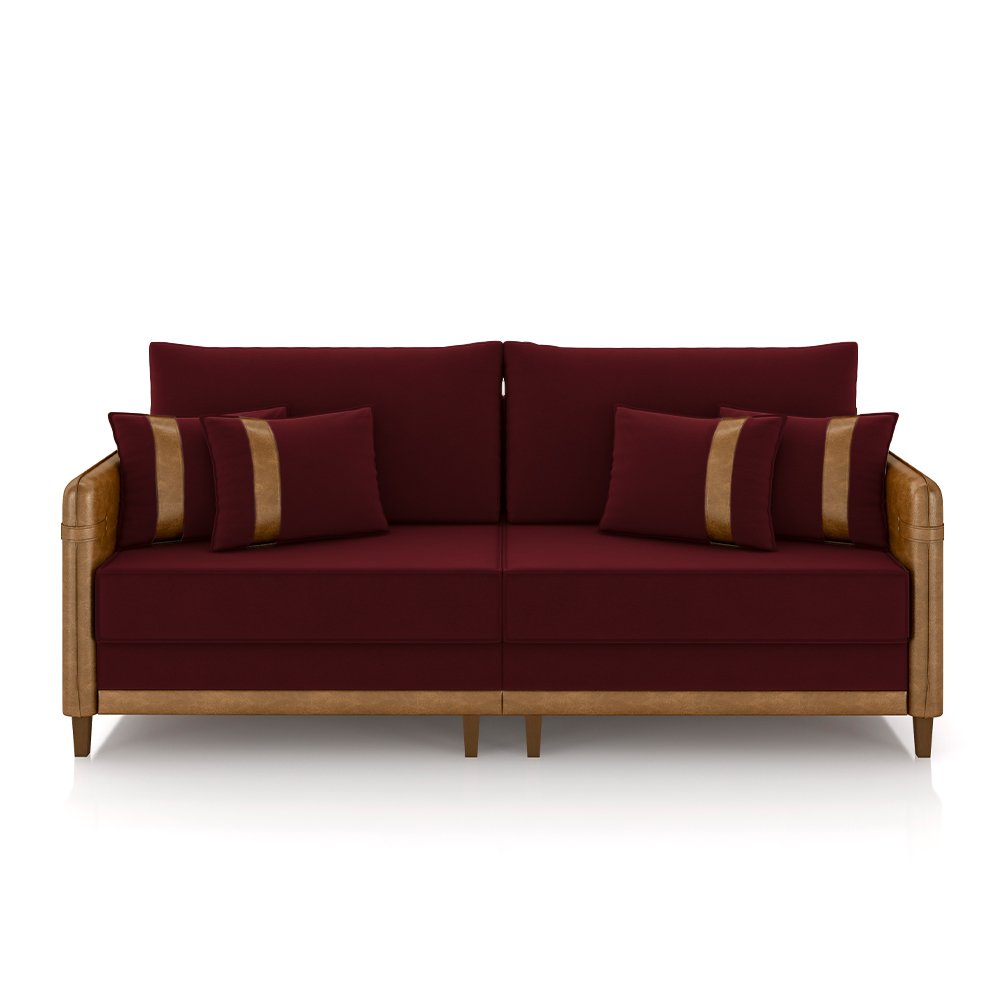 Sofá Living Montecarlo 3 Lugares Bipartido 232cm Pés em Madeira Veludo/PU Bordô/Caramelo G33 - Gran Belo