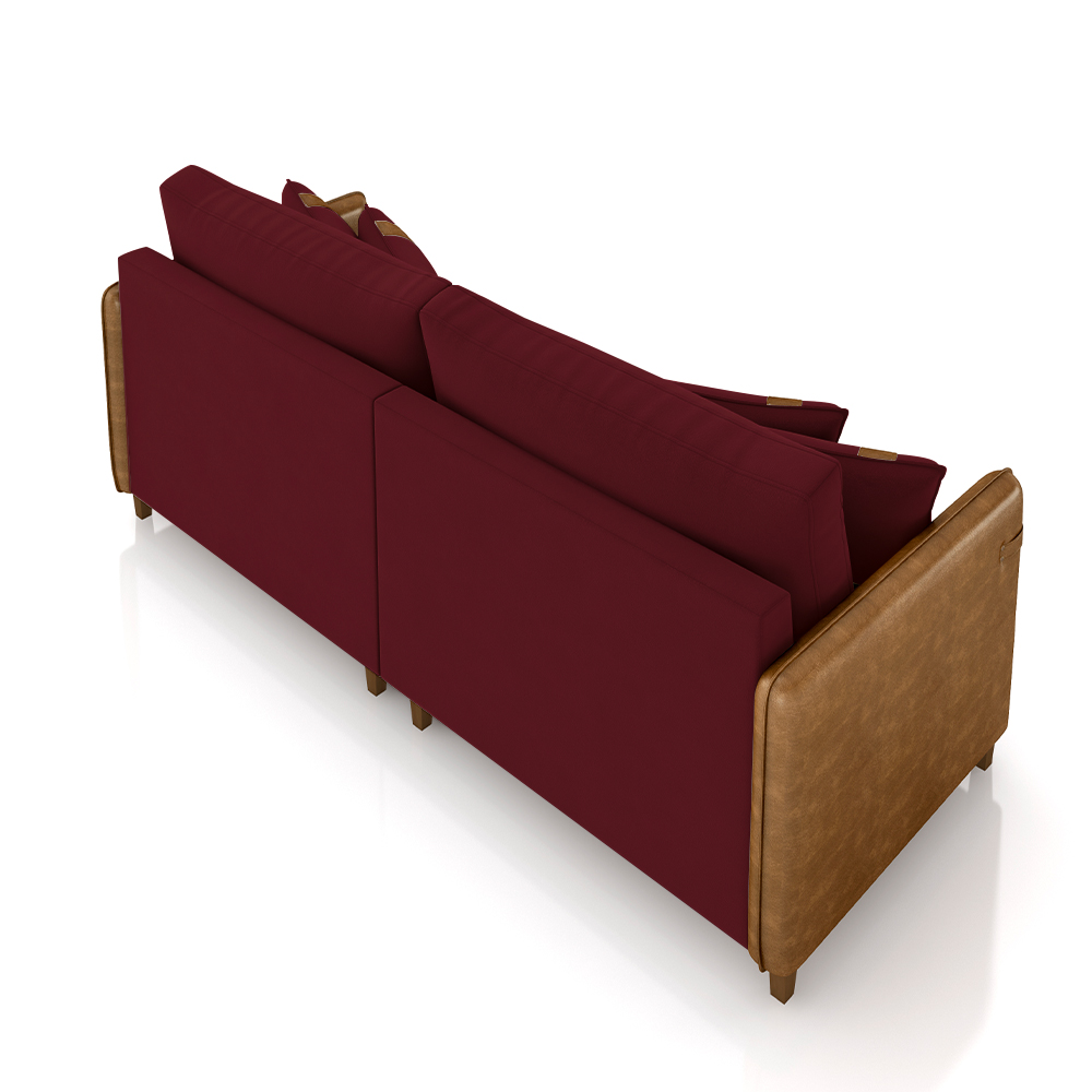 Sofá Living Montecarlo 3 Lugares Bipartido 232cm Pés em Madeira Veludo/PU Bordô/Caramelo G33 - Gran Belo