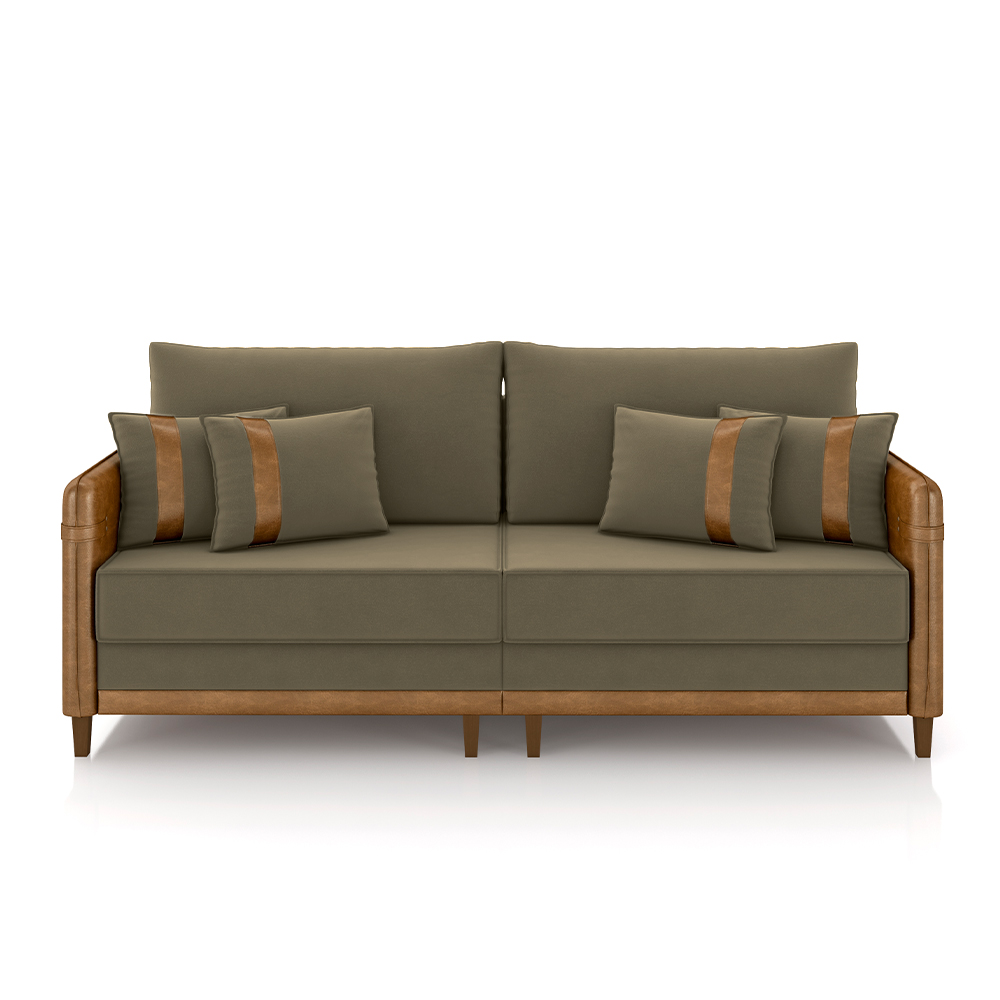 Sofá Living Montecarlo 3 Lugares Bipartido 232cm Pés em Madeira Veludo/PU Castor/Caramelo G33 - Gran Belo