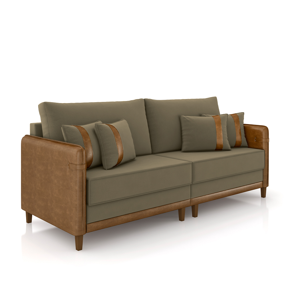 Sofá Living Montecarlo 3 Lugares Bipartido 232cm Pés em Madeira Veludo/PU Castor/Caramelo G33 - Gran Belo