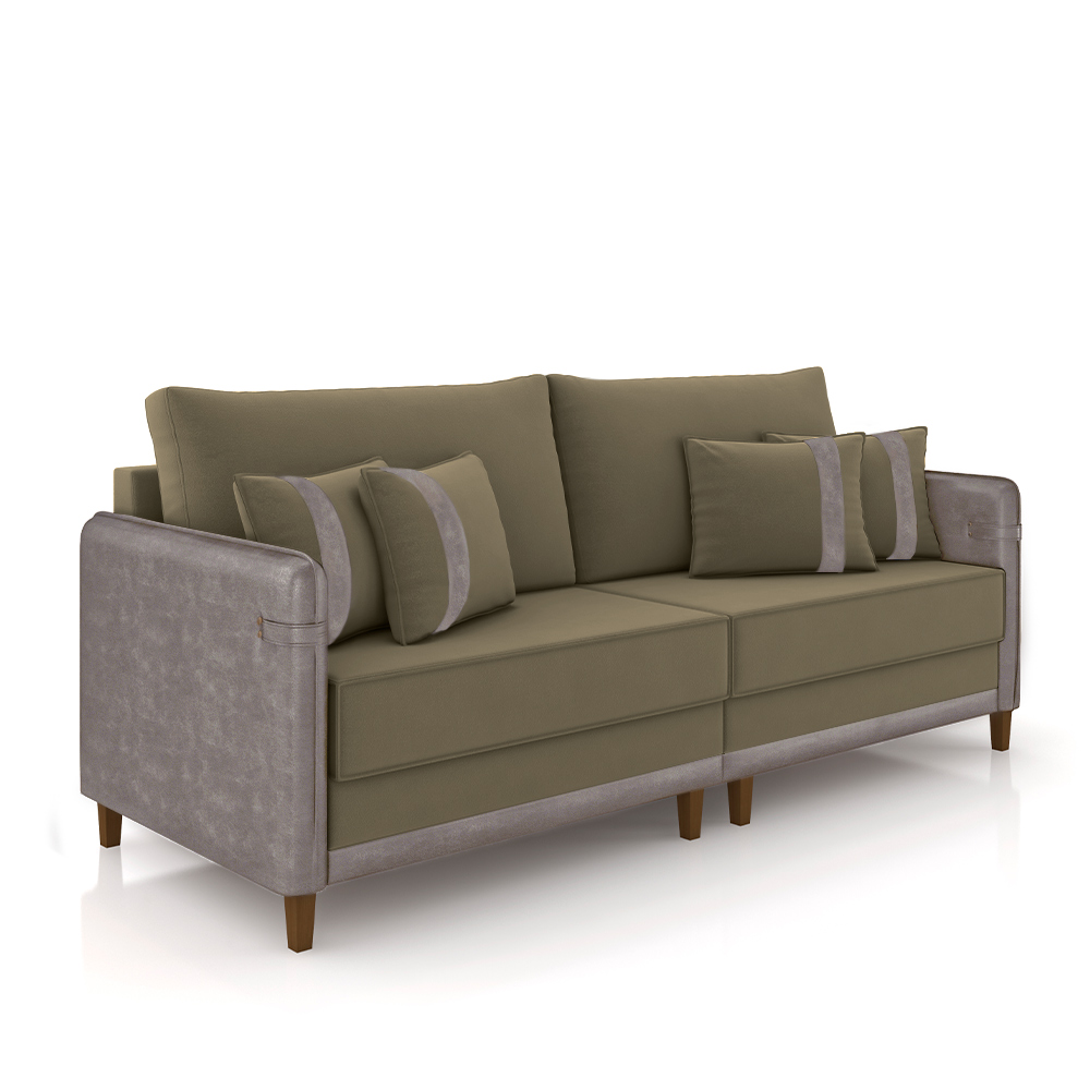 Sofá Living Montecarlo 3 Lugares Bipartido 232cm Pés em Madeira Veludo/PU Castor/Cinza G33 - Gran Belo