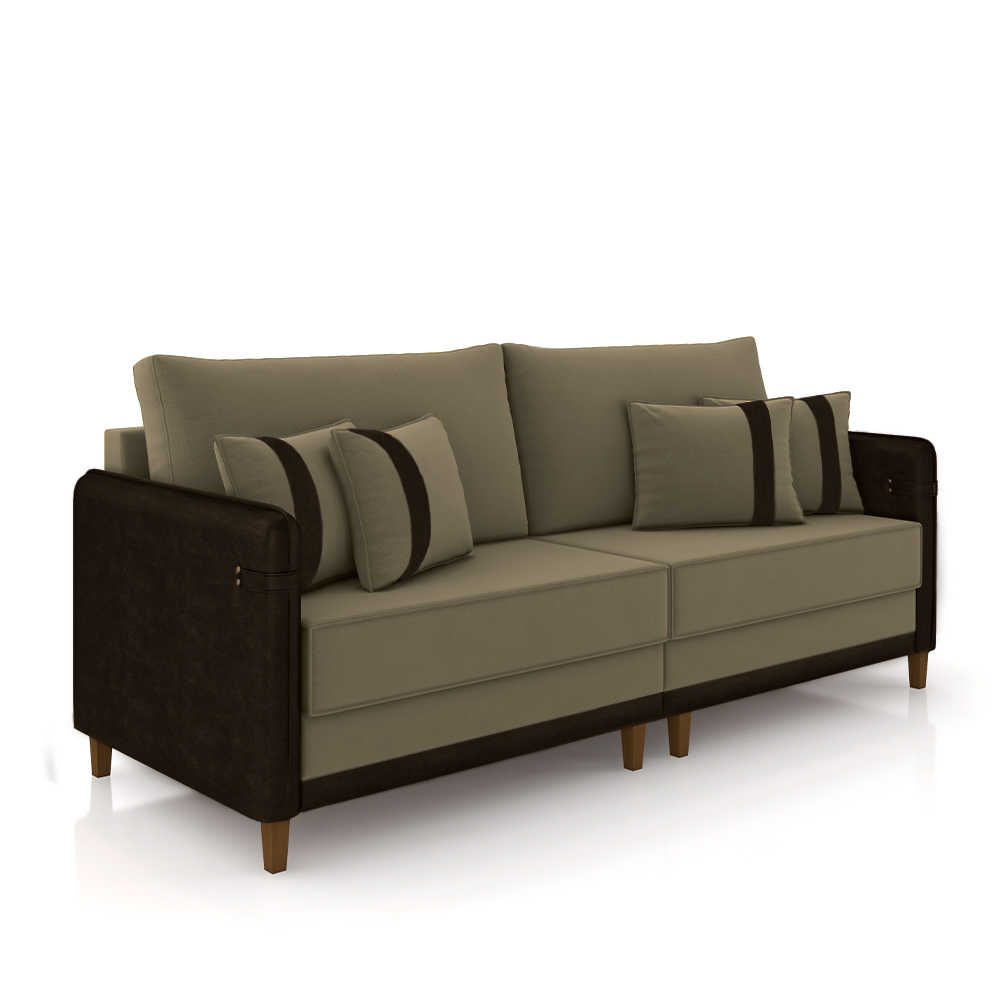 Sofá Living Montecarlo 3 Lugares Bipartido 232cm Pés em Madeira Veludo/PU Castor/Marrom G33 - Gran Belo